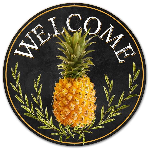 MD0460  12"Dia Metal "Welcome" Pineapple Sign Black/Golden Ylw/Grn/Wht