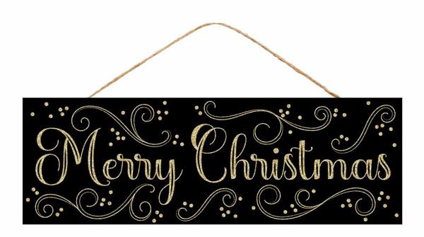 AP787202     15"L x 5"H Merry Christmas/Swirls Sign      Black/Gold