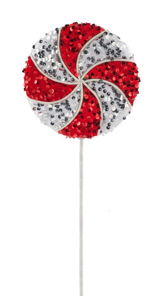 XC113639   21.5"Lx6"Sequin Peppermint Lollipop   Red/White