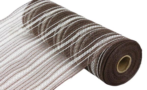 RY8344EM    10.25" x 10yd Farmhs Stripe Faux Jute Mesh   Chocolate/Cream