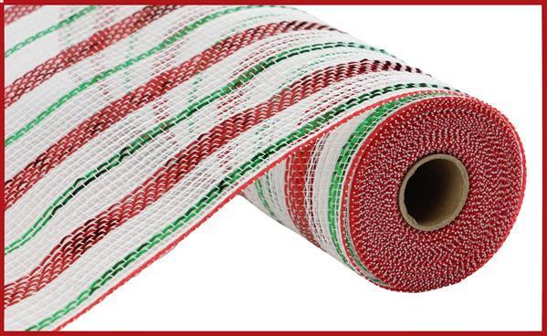 RY8020R3   10.25" x 10yd Poly/Faux Jute/Metallic Mesh   White/Red/Emerald