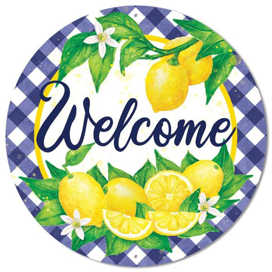 MD0877  12"Dia Welcome W/Lemons W/Check Border Yellow/Green/White/Blue