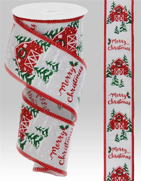 RG0877227    2.5" x 10yd Christmas Barn/Faux Ryl/Stitch   White/Red/Green