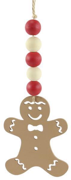 XA118518 7.75" Wood Bead/Gingerbread Ornament Tan/Red/Natural