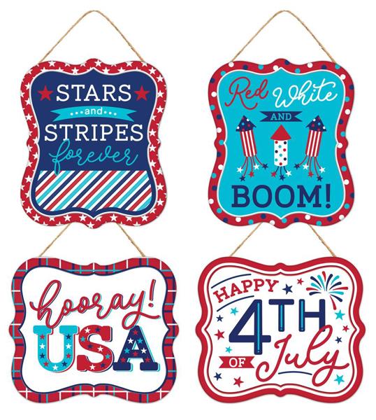 MD1046   4 Asst 7"Hx6"L Embossed Tin Patriotic    Red/Lt Blue/Navy