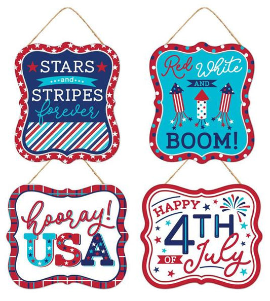 MD1046   4 Asst 7"Hx6"L Embossed Tin Patriotic    Red/Lt Blue/Navy