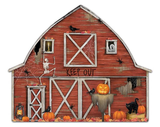 MD1453    12"L x 9.75"H Haunted Barn Sign   Orange/Grey/Black