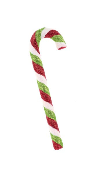 XC113192   10"L Glitter Candy Cane Orn   Red/White/Lime