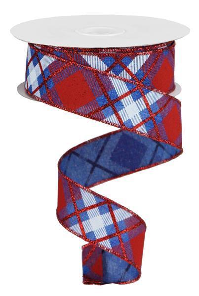 RGA120125    1.5" X 10Yd Glitter Plaid On Royal     Royal Blue/Red/White