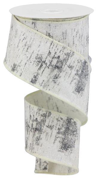 RGA15671R   2.5" x 10yd Glitter Birch Bark On Cotton   Off White/White/Blk/Grey