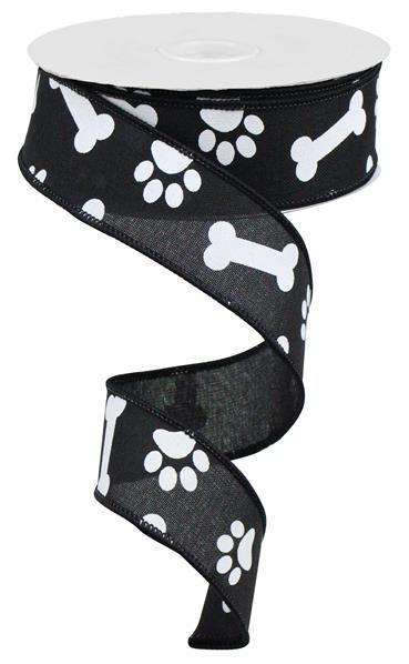 RGA115002   1.5"X10yd Paw Print/Bones On Royal Black/White