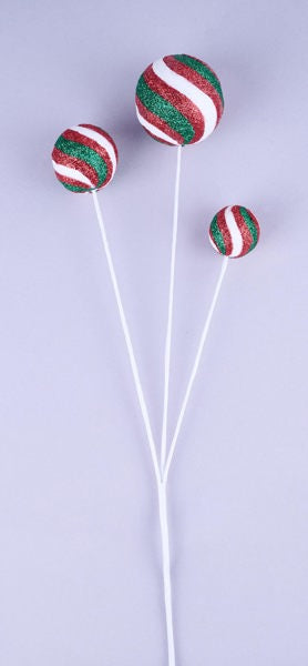 XP3849CA    15"L Glitter Ball W/Stripes Pick x 3    Red/Emerald Green/ White