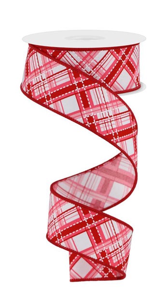 RGE184915  1.5" x 10yd Diagonal Dash Plaid Wht/Multi Pink/Red