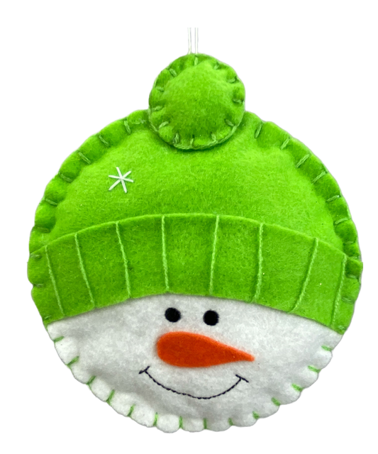 85707GN     6"DIA   Plush Snowman  Head Ornament   Green