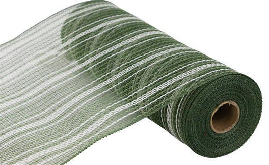 RY8344ER   10.25" x 10yd Farmhs Stripe Faux Jute Mesh    Moss Green/Cream