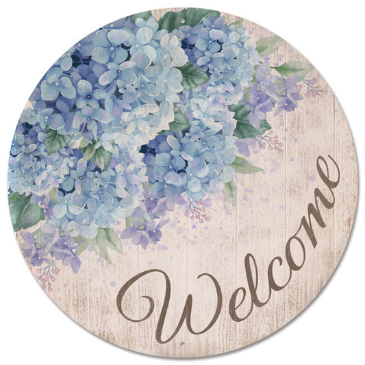 MD153549     12"Dia Metal Welcome W/Hydrangea Sign   Beige/Periwinkle/Lav/Grn