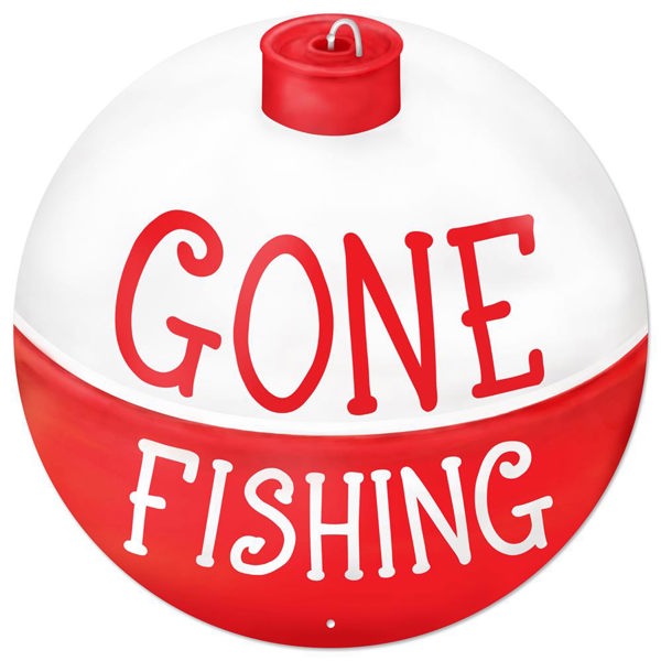 MD1324  12"Dia Metal Gone Fishing Bobber Sign Red/Grey/White