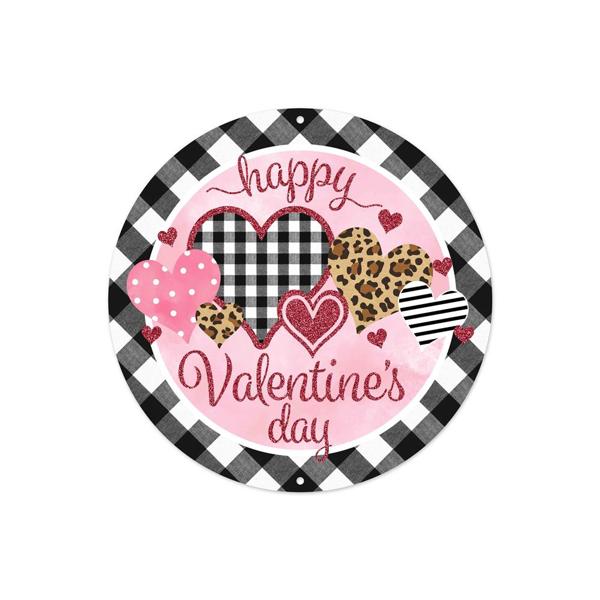 MD0943  8"Dia Metal/Glttr Valentine's Day Sign   Blk/Wht/Pale Pnk/Gld/Brn