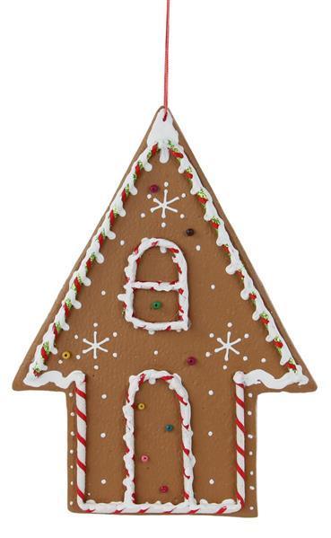 XJ4447     11"L Gingerbread House Ornament   Brown/Red/Green/White