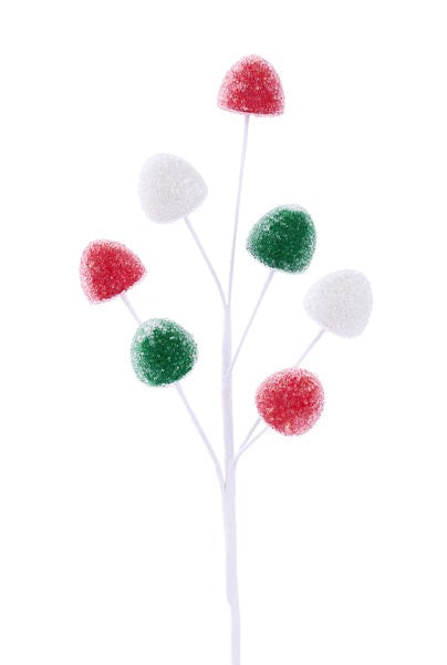 MN0370J8     11"L Glass Beads/Styro Gumdrops Pick   White/Red/Emerald