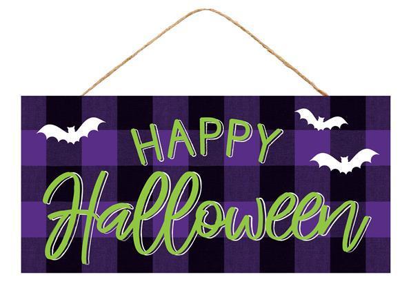 AP711923      12.5"L x 6"H Happy Halloween Check Sign  Black/White/Purple