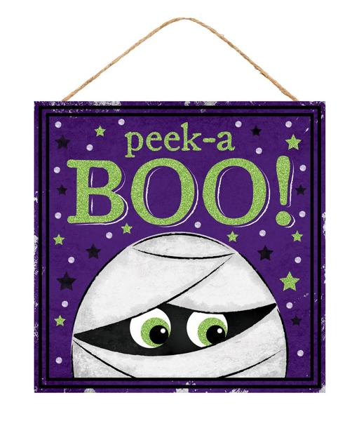 AP8929   10"Sq Glitter Peek-A Boo Mummy Sign      Purple/White/Lime