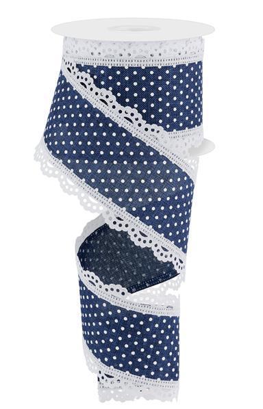 RG0887019    2.5" x 10yd Raised Swiss Dots W/Lace    Navy Blue/White