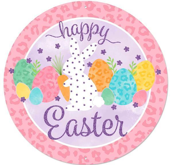 MD0856 12"DIA Glitter/Leopard Happy Easter     Pink/Wht/Lavndr/Blue/Mint