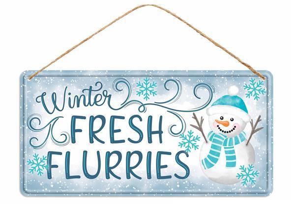 MD1229   12"L Tin Winter Fresh Flurries Sign   White/Dk Blue/Smoke