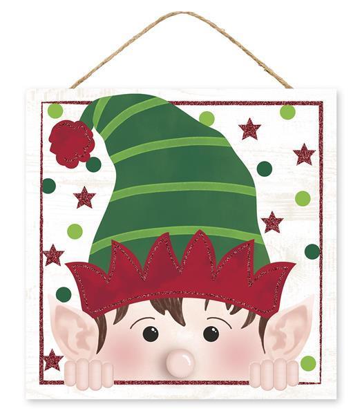 AP8852        10"Sq Glitter Peeking Elf Face    White/Red/Emerald/Lime