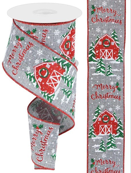 RGB107610 2.5"X10yd Christmas Barn on Royal Grey/Red/White/Grn