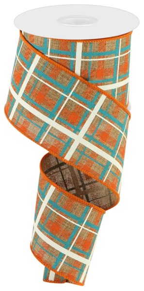 RGC1541F2  2.5" x 10yd Printed Plaid/Royal Tan/Dk Orng/Turq/Lt Nat