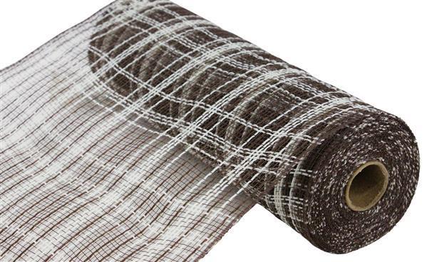 RY8345EM   10.25" x 10yd Farmhse Plaid Faux Jute Mesh   Chocolate/Cream