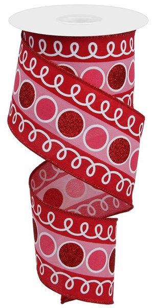 RGE1068Y1  2.5" x 10yd Stripe Glitter Circle W/Loops Red/Pink/White