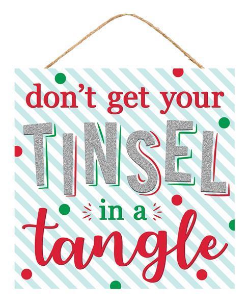 AP8806   10"Sq Tinsel In A Tangle Glitter Sign    Red/Green/Silver/Blue