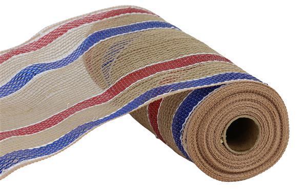 RY8035EK   10.25" x 10yd Wide Matte Border Stripe   Natural/Red/White/Blue