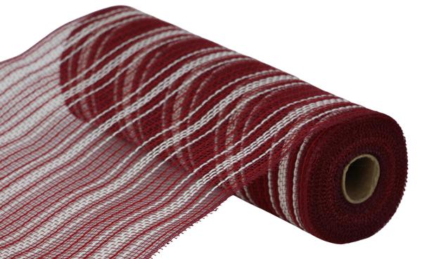 RY8344EN   10.25" x 10yd Farmhs Stripe Faux Jute Mesh   Burgundy/Red/Cream