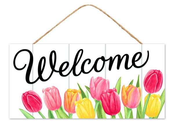 AP7254     12.5"L x 6"H Mdf Welcome W/Tulips Sign    White/Black/Pink/Yllw/Grn