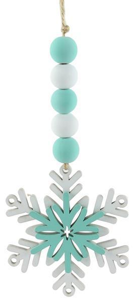 XA118345 8" Wood Bead/Snowflake Ornament Ice Blue/White