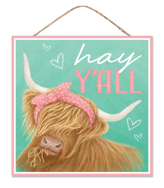 AP7351   10"Sq Hay Y'all W/Highland Cow Sign    Mint/Turquoise/Pink