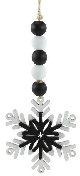 XA118302 8" Wood Bead/Snowflake Ornament Black/White