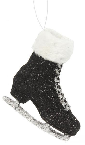 XY819502   6.25"H Glitter Skate W/Fur Ornament      Black/White/Silver