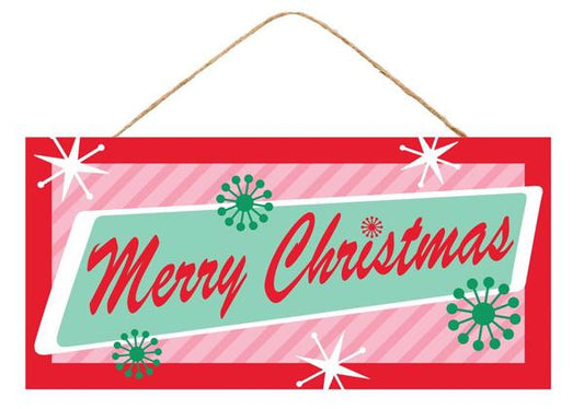 AP7336   12.5"L x 6"H Retro Merry Christmas Sign   Red/Pink/Mint/White