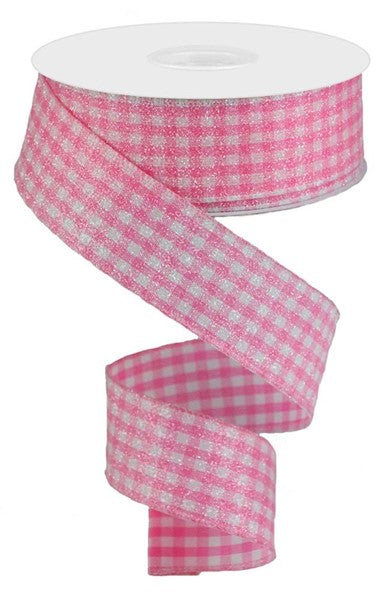 RGA179622  1.5" x 10yd Glitter On Woven Gingham Check Pink/White