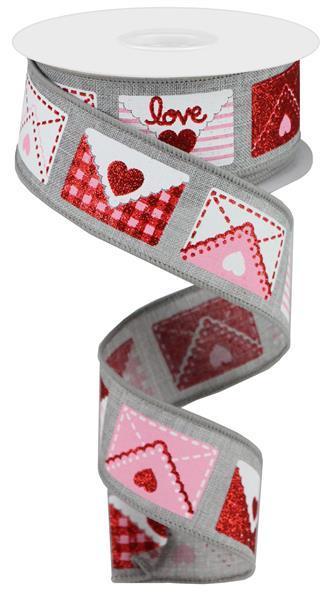 RGA159610   1.5" x 10yd Love Letters On Royal   Light Grey/White/Red/Pink