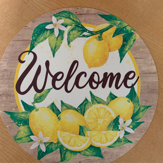 MD0875 12”Dia  Welcome W/Lemons W/Wood Border Yellow/Green/White/Brown