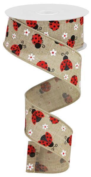 RGA162201    1.5" x 10yd Mini Ladybugs On Royal   Lt Beige/Red/White