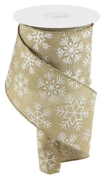 RGC142001  4" x 10yd Snowflakes On Royal Burlap Light Beige/White