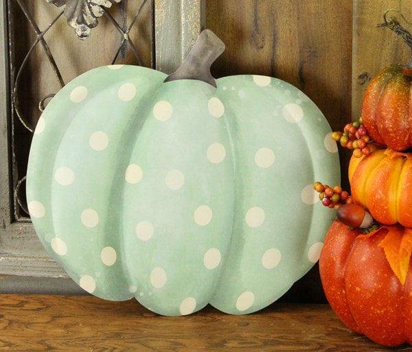 MD076432 12"L Sage Metal/Embd Polka Dot Pumpkin Sage/Cream