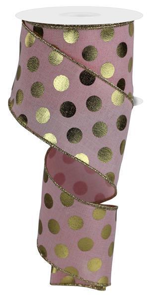 RGE1662T7     2.5" x 10yd Metallic Polka Dots     Pale Pink/Gold